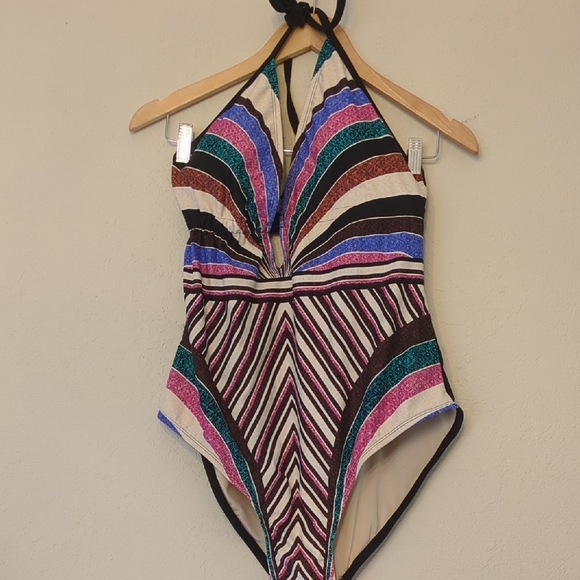 Coastal blue one size vacation beach spring Colorful Striped Halter Swimsuit - Picture 1 of 8